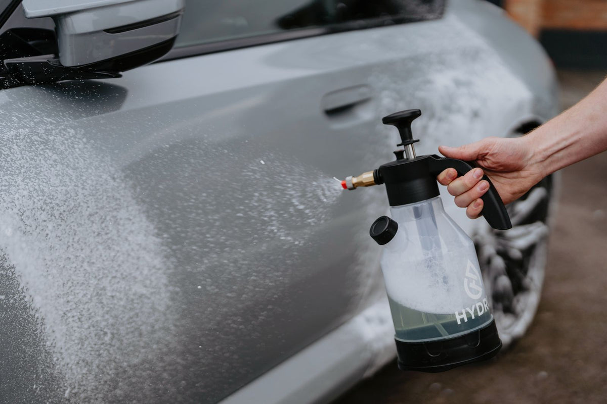 Lamborghini being snow foamed with a Hydro Spray Bottle